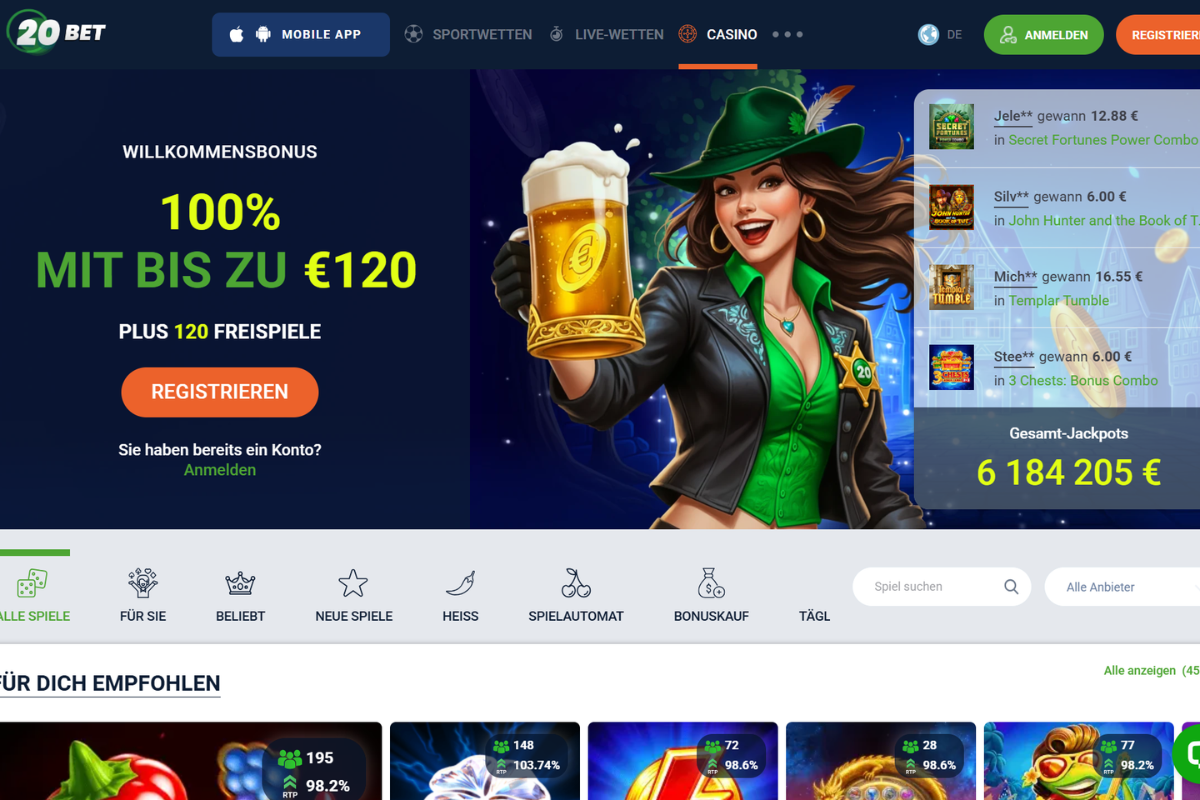 20BET Casino Willkommensbonus: 100% bis zu 120 Euro mit 120 Freispielen auf der Startseite