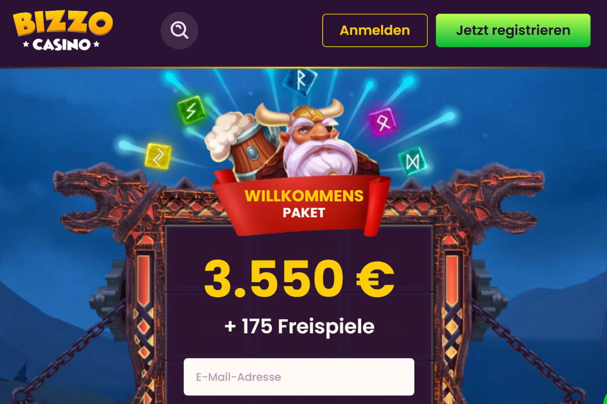 Bizzo Casino Willkommenspaket: 3.550€ Bonus plus 175 Freispiele auf der Anmeldeseite