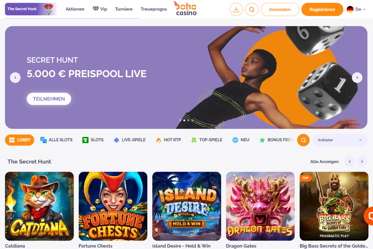 Boho Casino Lobby mit Secret Hunt Aktion und 5.000 Euro Preispool sowie Top-Spielen